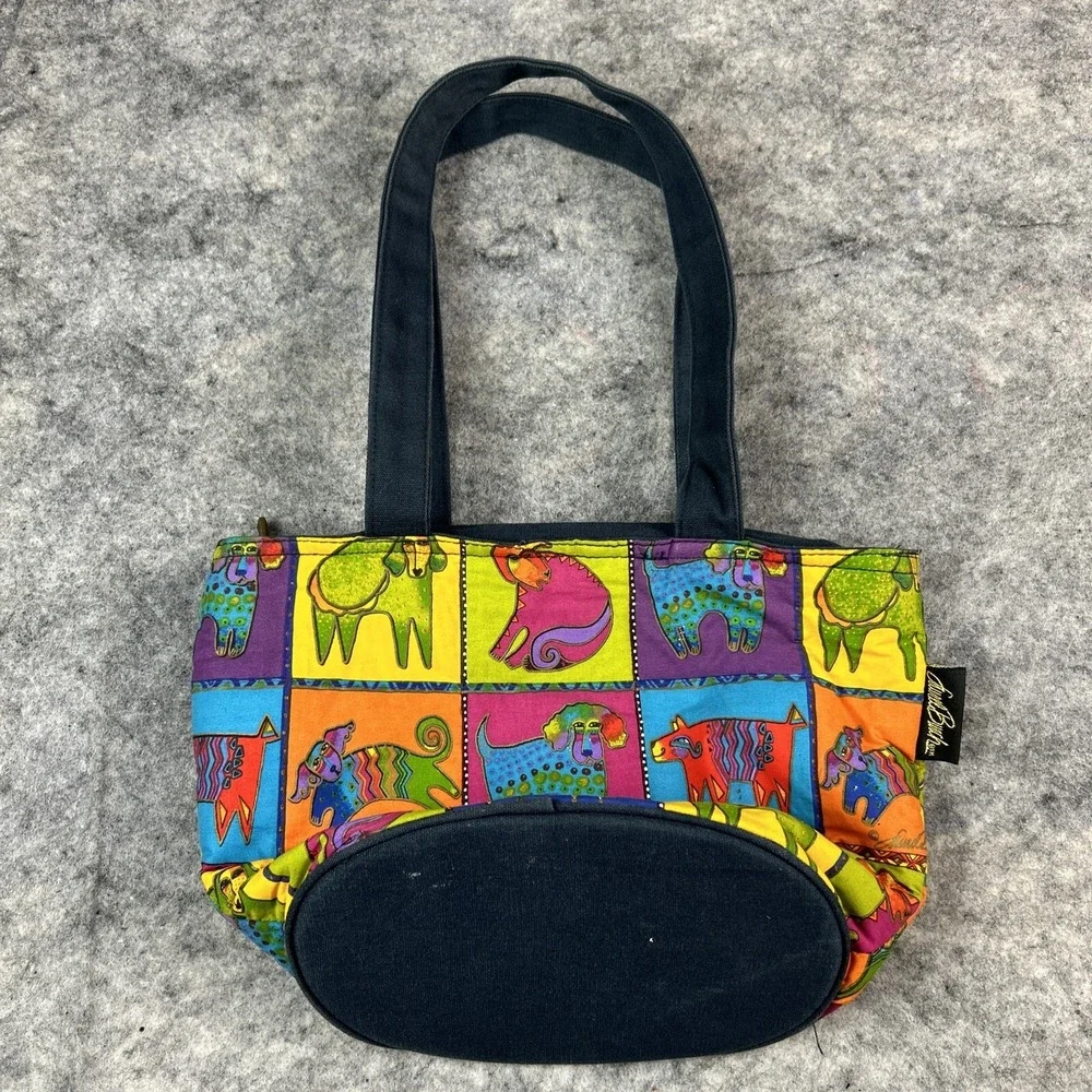 LAUREL BURCH Medium Canvas Dog Bag Purse Shoulder Tote W/ Zip Top AOP Dogs‎